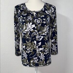 LIZ CLAIBORNE Navy and Olive Floral Blouse Size M